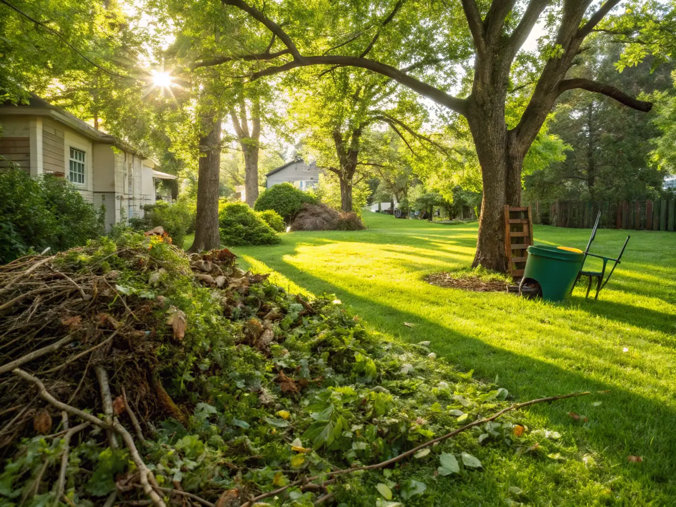 A pile of yard waste, including branches, leaves, and grass clippings, ready for removal.