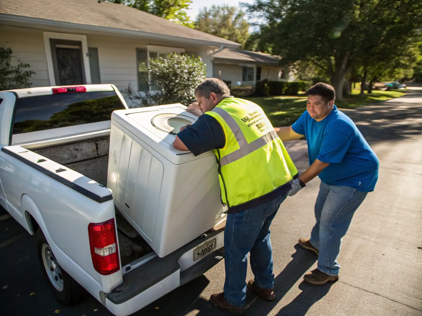 A team of Cowboy Junk Removal professionals loading old furniture and appliances into a truck in a residential driveway, showcasing their efficient junk removal service.