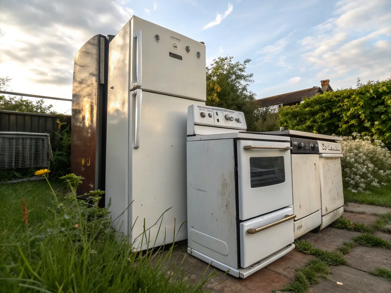 A pile of old appliances, including a refrigerator, washing machine, and dryer, ready for disposal.