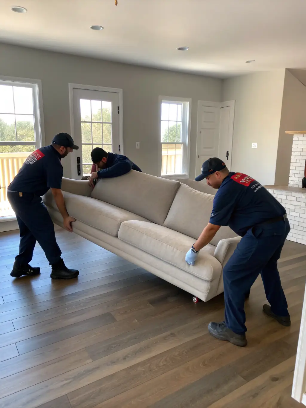 A professional Cowboy Junk Removal team carefully removing an old sofa from a residential home in Edmonton, Alberta, showcasing their furniture removal service.