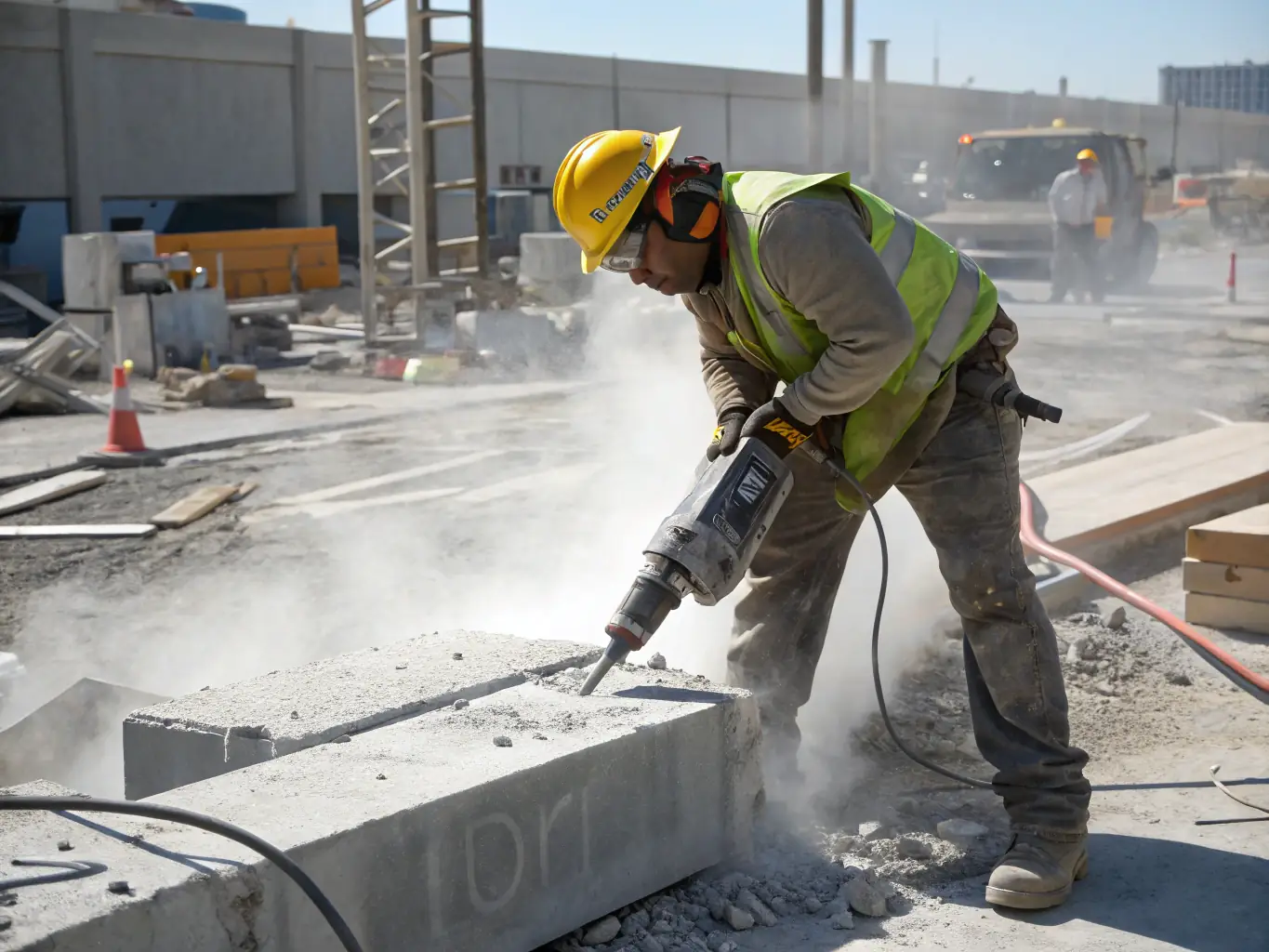 A worker demolishing a small shed with safety gear and equipment.