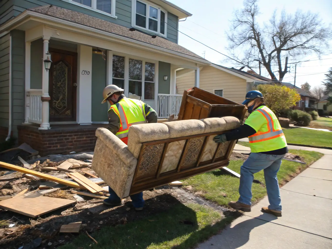 A worn-out sofa being lifted by two workers into the back of a junk removal truck.