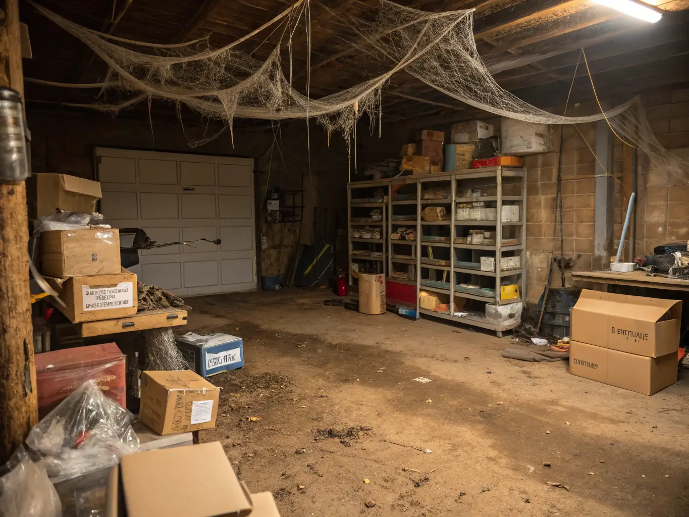 A cluttered garage filled with boxes, old tires, and other unwanted items being cleared out.